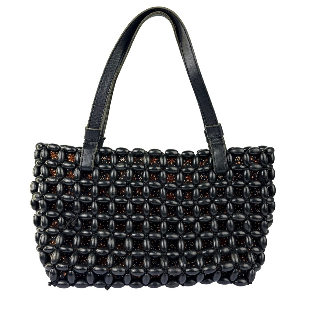 Vintage The Sak Handcrafted Wood Bead Tote Bag Black Boho Batik Indonesia